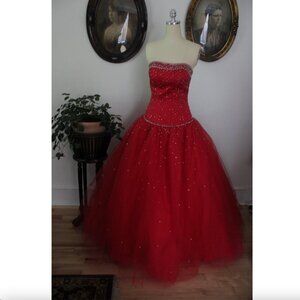 Mori Lee Madeline Gardner Red Corset Back Rhinestoned Ballgown Prom Dress